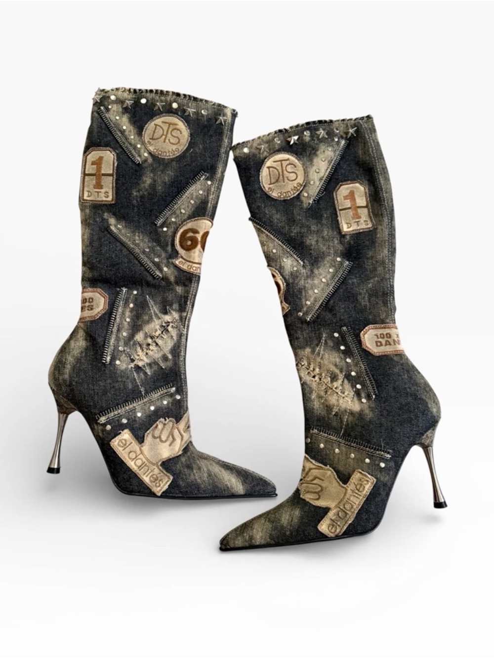 Designer Embellished Denim Mid-Calf Stiletto Boots - Black